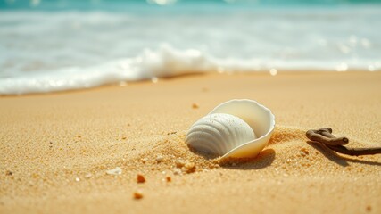 Obraz premium A seashell nestled in the sand on a beach with the ocean in the background