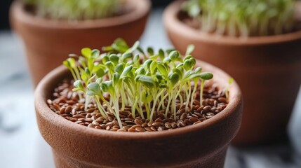 Delicate sprouts emerge from rich soil in a small pot representing vitality and the nutritious potential of flax seeds in indoor gardening