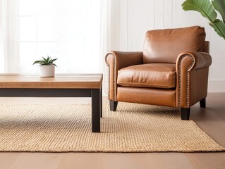 Fototapeta premium Cozy modern living room featuring a stylish brown leather chair, wooden coffee table, and natural fiber rug under soft natural light by a window