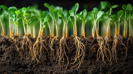 Delicate wheat seedlings push through fertile earth revealing intricate roots and the organic richness of the soil beneath as they thrive