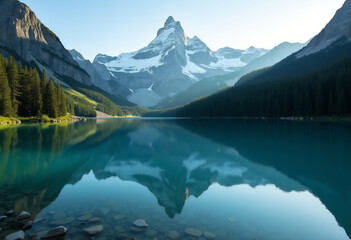 Snowy mountain peak reflected in turquoise lake amid evergreen forests.