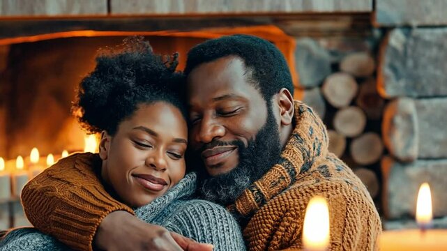 A loving African American couple enjoys a warm embrace by a cozy fireplace surrounded by candles. Concept of intimacy and the comforting beauty of home life.