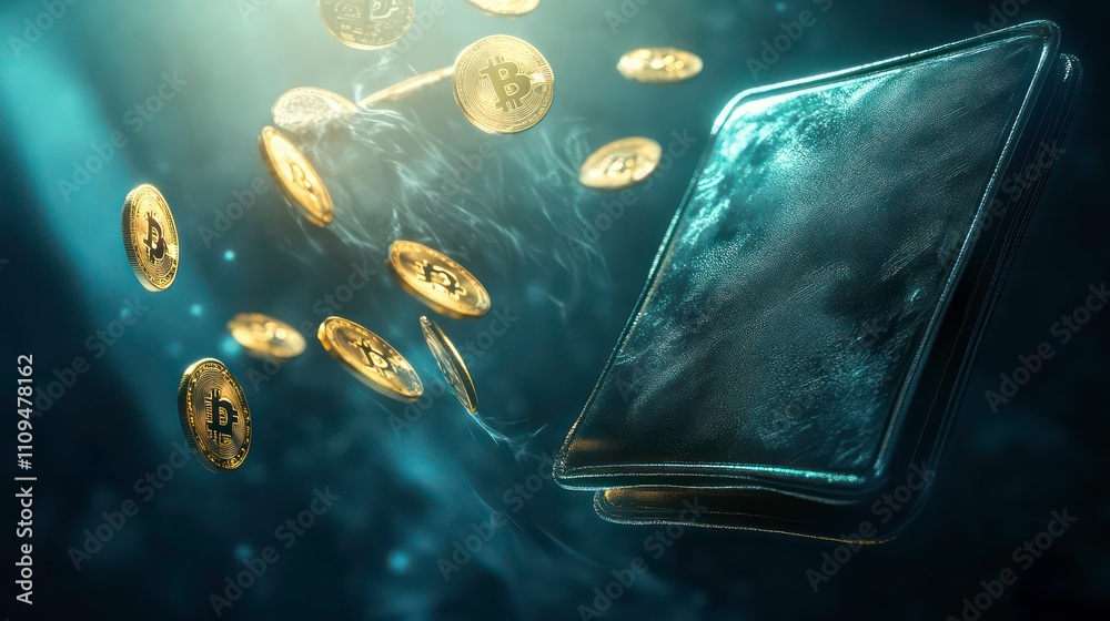 Poster a stylized digital wallet with coins floating out of it, symbolizing financial freedom through crypt