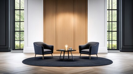 A modern office with a wooden wall and a large window