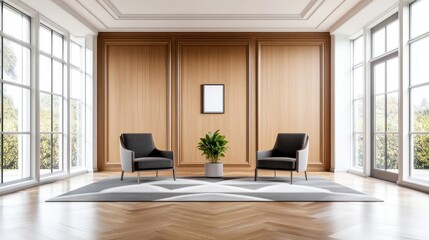 Fototapeta premium A modern office with a wooden wall and a large window