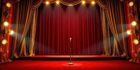 A stage illuminated by warm spotlights with gold and red curtains and a single microphone in the center