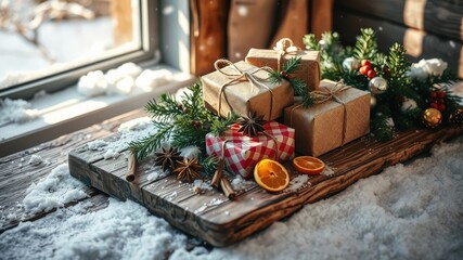 Wrapped Christmas Gifts Resting on Rustic Wooden Board Covered in Snow with a Garnish of Green Pine and Star Anise