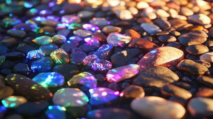 Glowing, colorful pebbles on a beach at sunset.