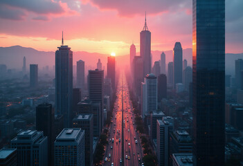 Fototapeta premium Vibrant city sunset with skyscrapers and busy highway.