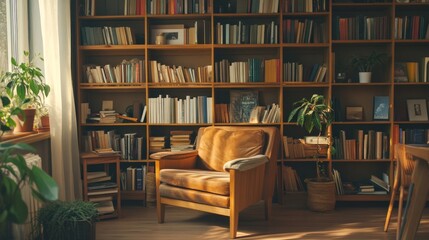 Cozy Reading Nook, inviting space with a wooden bookshelf brimming with books and personal treasures, exuding warmth and comfort for relaxation and reflection