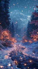 a snowy mountain road at night, with trees covered in snow and lights shining on the ground, the sky is dark blue, creating an atmosphere of tranquility and mystery, 
