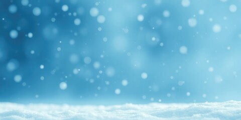 Fototapeta premium A winter scene with falling snowflakes and a soft blue sky with blurred bokeh lights, creating a serene and festive background.