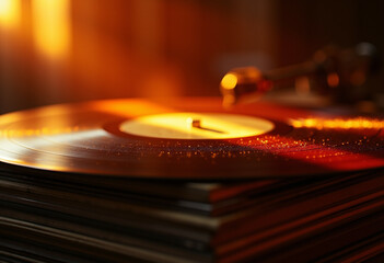 A vinyl record spins on a turntable  bathed in warm  golden light  a stack of other records beneath.