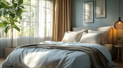 A bedroom with a large bed, a window, and a potted plant