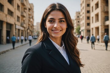 Close portrait of a smiling young Iraqi businesswoman looking at the camera, Iraqi big city outdoors blurred background