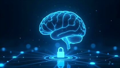 Cybersecurity Brain Icon with Digital Lock and Blue Circuit Background