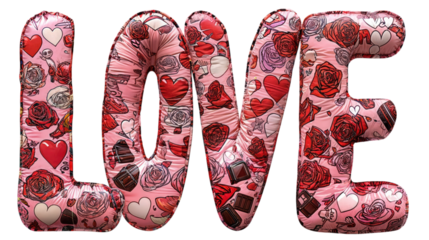 Bold LOVE text with floral and heart patterns, perfect for Valentine’s Day or romantic designs, isolated on transparent background.
