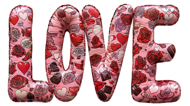 Bold LOVE text with floral and heart patterns, perfect for Valentine’s Day or romantic designs, isolated on transparent background.
