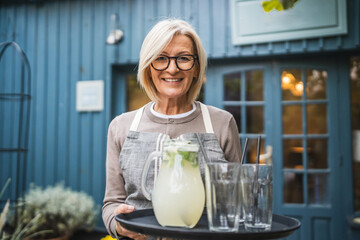 Smile woman waitress serving lemonade outdoors in front blue wall