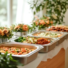 A beautifully arranged buffet setup with fresh meals and space for text about food choices or event promotion.