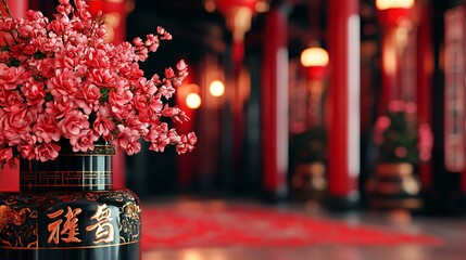 Chinese New Year Flowers in Ornate Vase Red Temple Background
