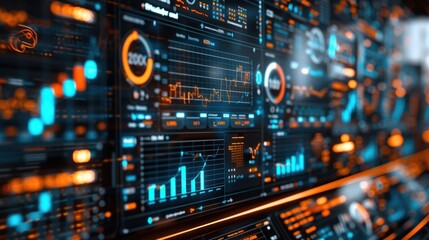 Futuristic digital dashboard displaying graphs, charts, and data visualizations.