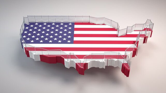 Isolation of the United States of America concept. A security fence built around a 3d map of the USA. Blocking illegal immigration or implementing tariffs concept. Camera movement