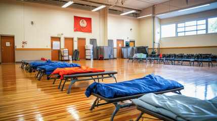 Empty cots filling emergency shelter in large room during natural disaster
