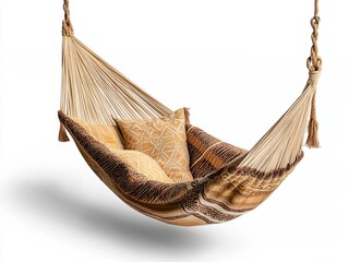 Obraz premium Beautifully crafted Brazilian hammock chair with intricate woven patterns and vibrant colors for a serene relaxation experience