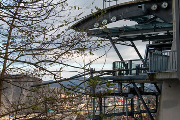 Czech Republic Usti nad Labem 23.11.2024. Cable car cabin over blue sky with clouds. 