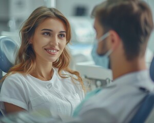 A patient smiles at a dentist during a consultation in a modern dental clinic, showcasing a friendly and professional atmosphere.