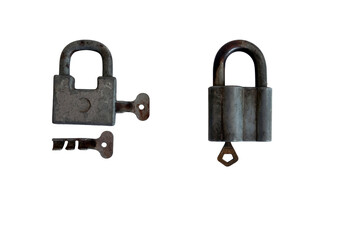 Two old padlocks with keys. Isolated image on white background