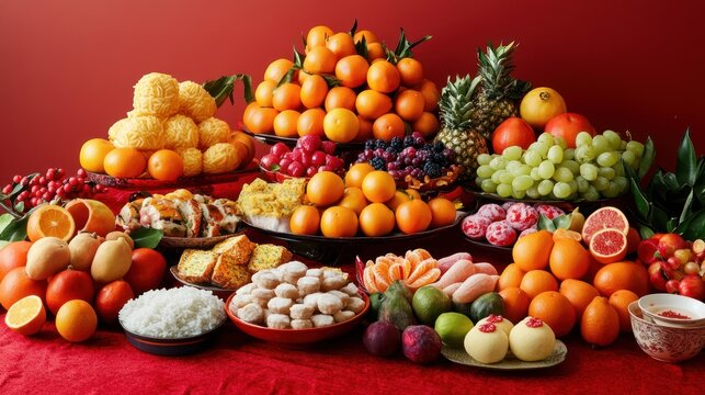 A vibrant display of assorted fruits and traditional delicacies.