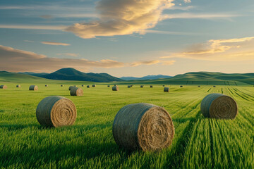 Golden Sunset Over Harvest Field with Hay Bales
