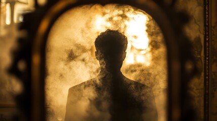 Mysterious man silhouette in smoky mirror reflection.