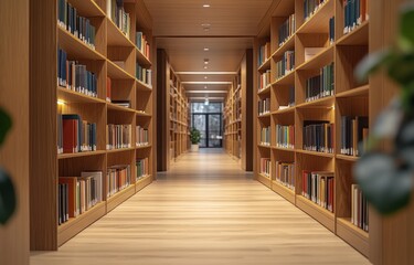 Obraz premium Cozy and Modern Library Interior with Wooden Shelves and Bright Lighting Creating a Tranquil Atmosphere for Reading and Learning in a Peaceful Environment