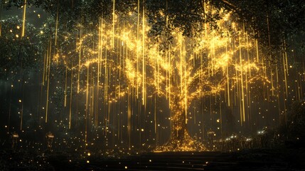 Fototapeta premium A dark forest illuminated by a glowing cybernetic tree at its center, with energy pulsating through its branches. Robotic creatures gather near the tree, creating a mystical, futuristic sanctuary. 