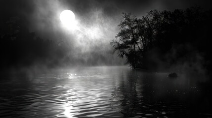 Misty lake at dawn, sun rays breaking through fog, trees silhouetted.