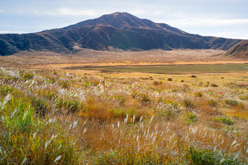 Mount Aso, or Aso Volcano, the largest active volcano in Japan stands in Aso Kuju National Park in Kumamoto Prefecture, Kyushu, Japan