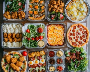 A beautifully arranged catering table featuring healthy meals contrasted with a fast food section serving fried chicken and pizzas.