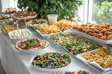 A beautifully arranged catering table featuring healthy meals next to a fast food corner with fried chicken, pizzas, and fries.