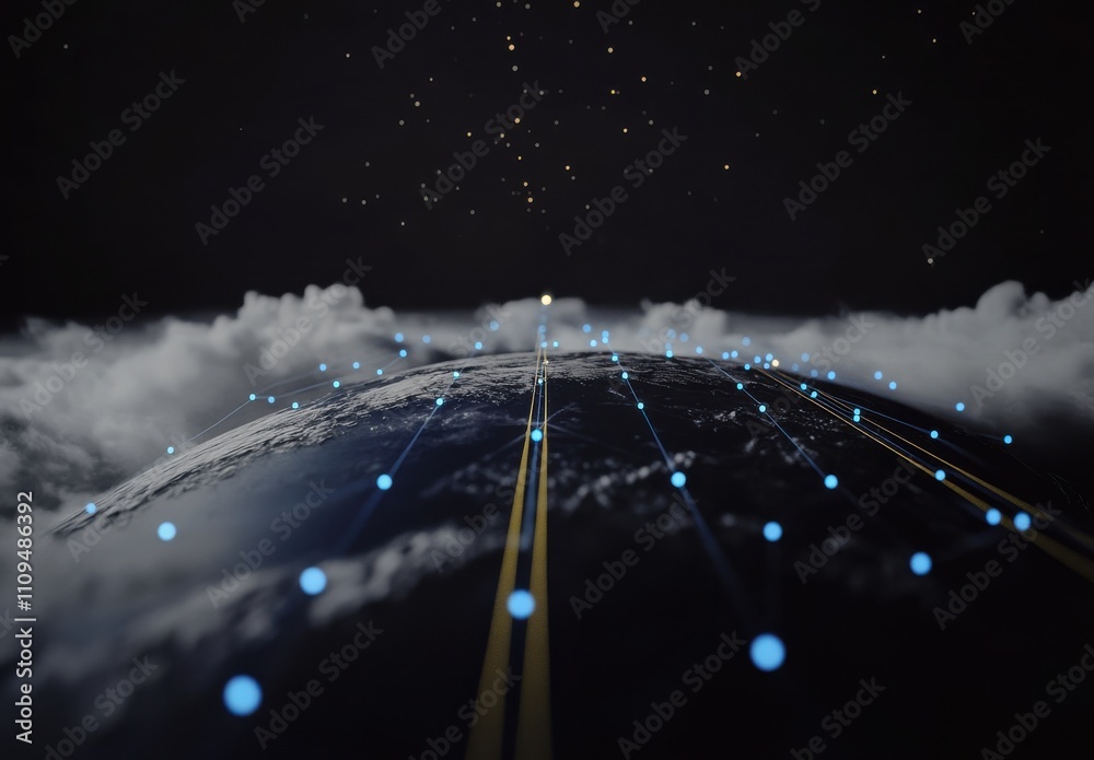 Poster digital network connection over earth with cloudy atmosphere and stars in dark space, visualizing gl