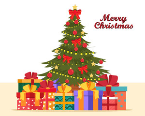 Christmas tree with decorations and santa gift boxes merry christmas and happy new year celebration