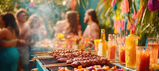 Delicious barbecue grilling on a summer party with friends enjoying drinks and good company