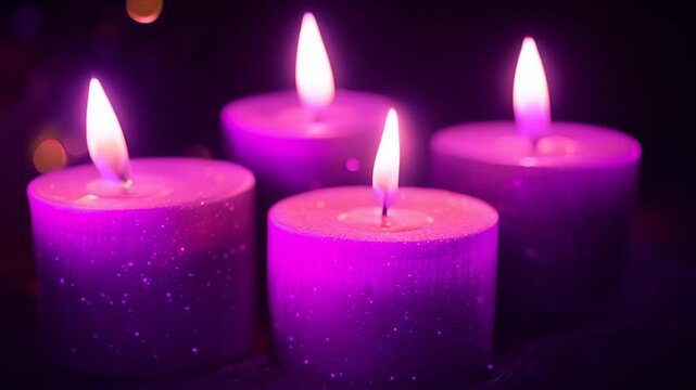 Four purple candles are burning with a blurry background