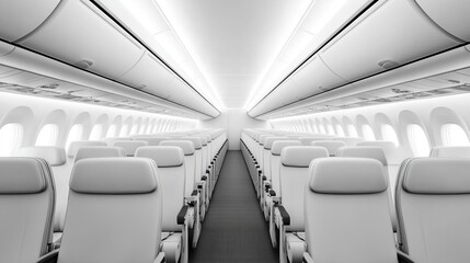 Interior of a modern airplane showcasing sleek design and empty seating rows.