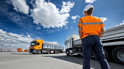 Worker supervises trucks loading materials at a construction site under a bright blue sky