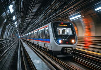 Fototapeta premium Dynamic Subway Train in Motion Captured in a Dark Tunnel with Light Trails Emphasizing Speed and Urban Transit Experience