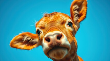 Curious Calf Gazing Up at the Sky with Big Brown Eyes and a Pink Nose