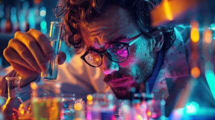 A scientist examines colorful liquids in a laboratory setting.